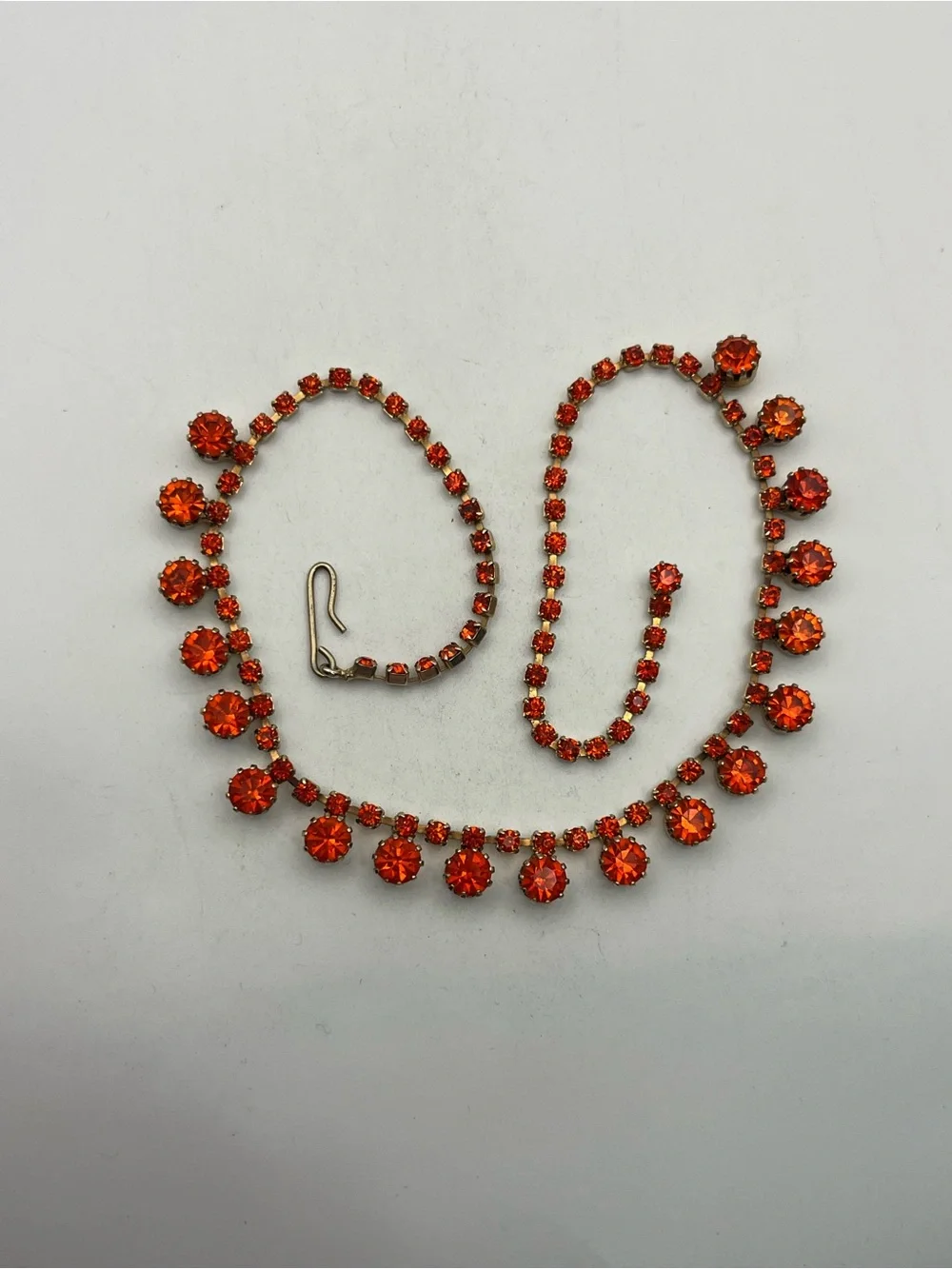 Orange rhinestone tennis necklace gold tone vintage sparkly